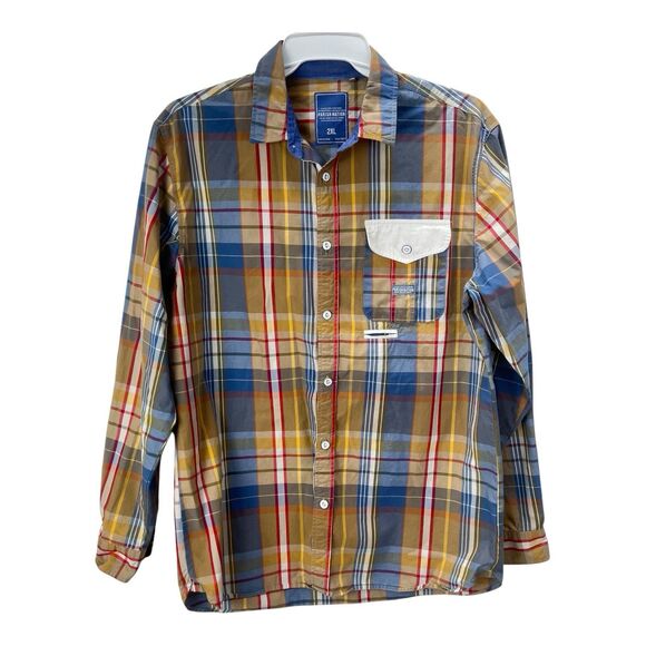 Parish Nation Other - Parish Nation Logo Long Sleeve Plaid Button Up Shirt 2XL Blue Tan Cotton